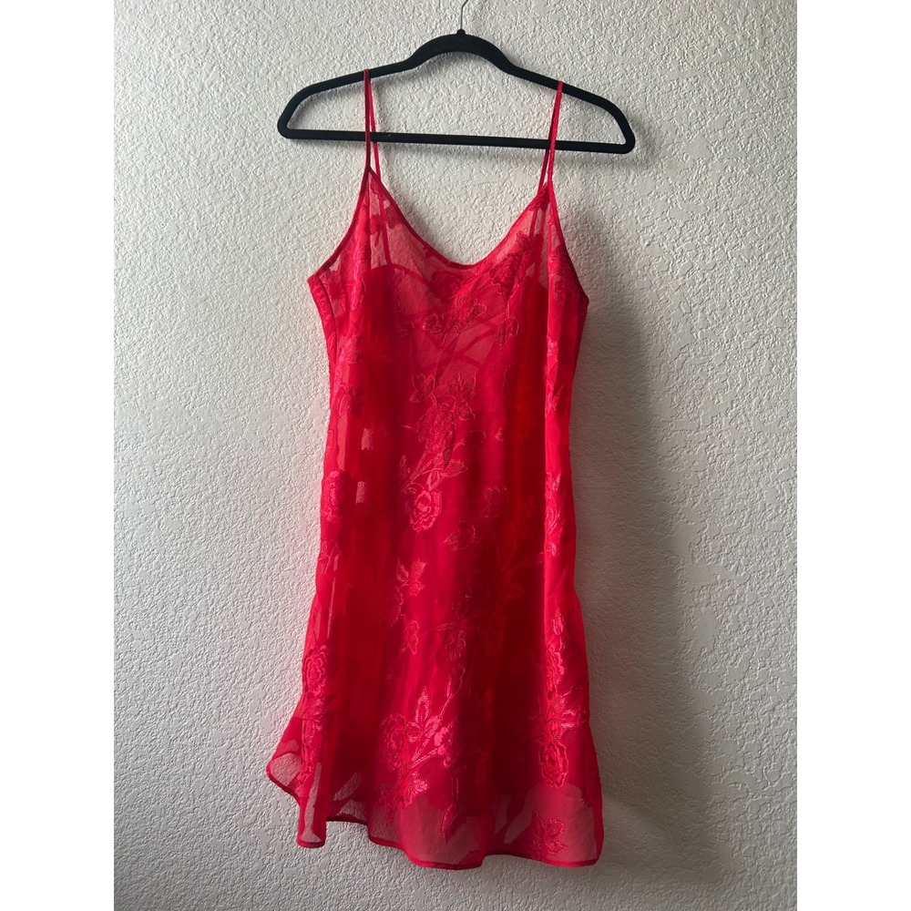 Sheer Floral Lace Babydoll Chemise Slip Red VNeck Strappy Back Coquette Lingerie